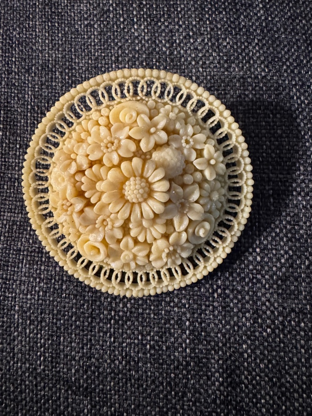 Vintage Celluloid Carved Cream Floral Brooch made in Japan 1930s